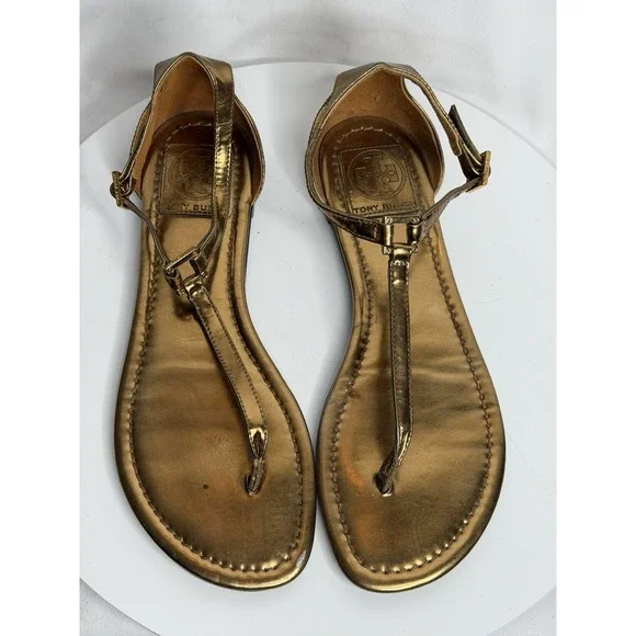 Tory Burch Metallic Leather T Strap Thong Sandals US 7.5 Gold Logo Flats - Picture 1 of 9